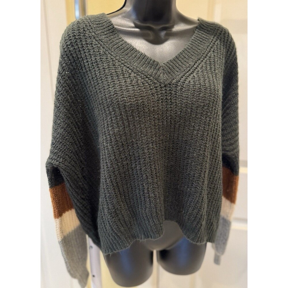 Shein Curve Womens Gray Sweater Size 0XL Color Block Long Sleeve V-Neck Oversize